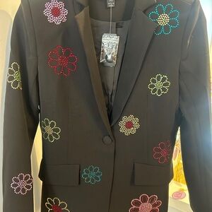 AZI Women's Black Floral Rhinestone Blazer - Embellished Suit Jacket